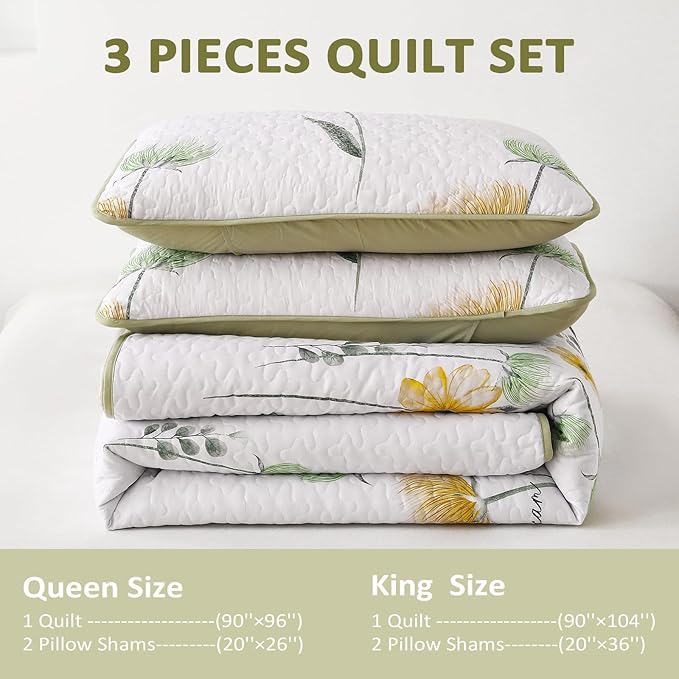 Dinjoy King Size Quilt Set Floral,3 Piece Green and Yellow Farmhouse Bedding Set Lightweight Flower Bedspreads White Coverlet Bed Sets Cute Boho King Quilts for Fall All Season(110"x90")