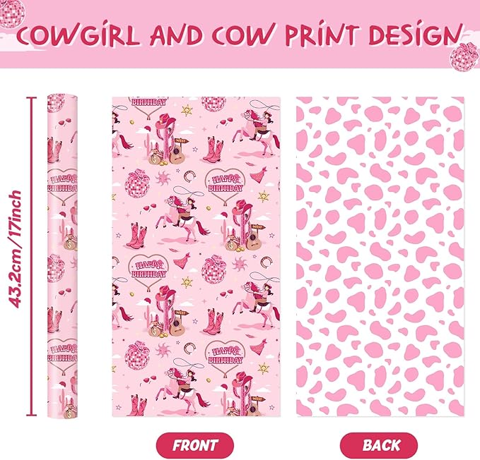 WERNNSAI Pink Cowgirl Wrapping Paper Roll - 1 Roll 17”x 16.4ft Western Gift Wrapping Paper Wild West Girl Gift Packing Favor for Kids Girls Birthday Party Reversible Cow Pattern Design