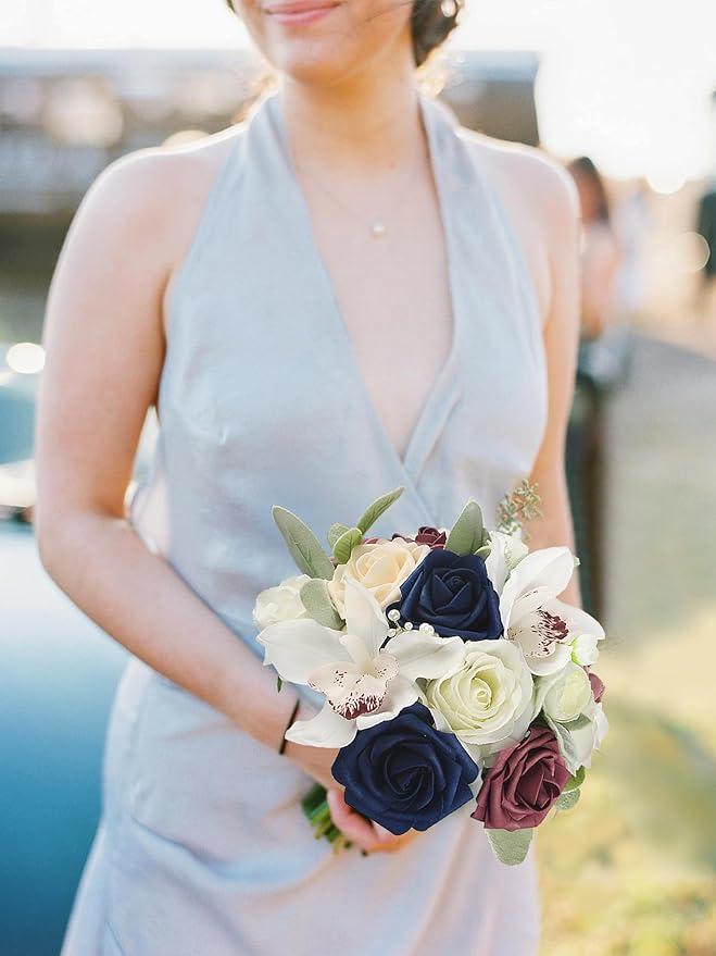 Rinlong Bridesmaids Bouquet Dusty Pink Navy Blue Artificial Wedding Bouquets for Bride Bridesmaid Silk Bouquet for Homecoming Prom