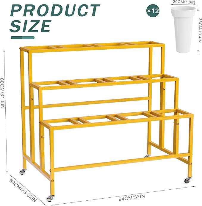 Asee'm Flower Display Stand with 12 Buckets, 3-Tier Flower Stand with Wheels, Heavy Duty Moving Metal Plant Bar Cart Stands Florist Bouquet Shelf for Indoor Outdoor Patio Garden(Gold - Round Bucket)