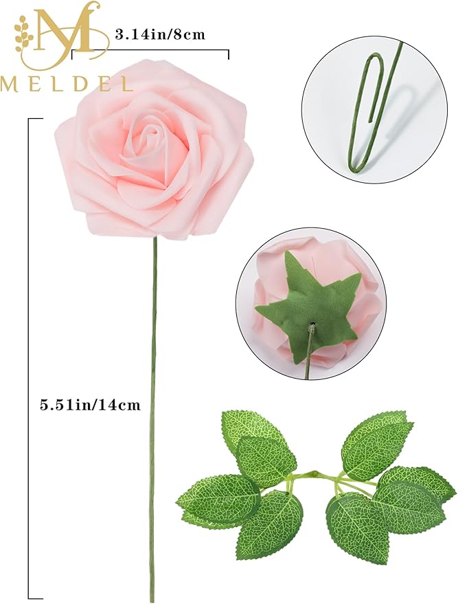 Meldel Artificial Flowers 25pcs Real Looking Blush Foam Fake Roses with Stems for DIY Wedding Bouquets Bridal Shower Centerpieces Floral Arrangements Home Decorations