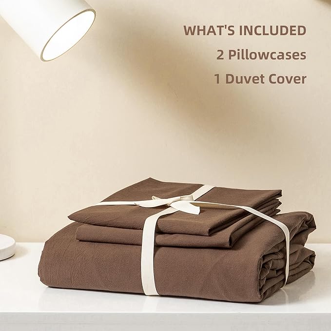 JIYUAN 100% Washed Cotton Duvet Cover Set 3 Pieces Oversized King, 1 Duvet Cover 120x98 Inches(Comforter Not Included) and 2 Pillowcases,Linen Feel Bedding Set Comfy and Breathable,Chocolate Brown