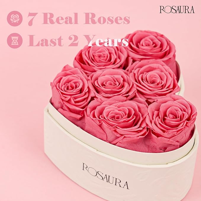 Rosaura Heart-Shaped Preserved Roses Gift Box - Real Forever Flowers for Christmas, Birthday, Valentine's & Mother's Day (Pink, 7 Roses)