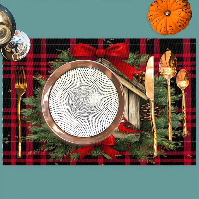 Christmas Art Waffle Cardinal Placemats Set of 1 PVC Vinyl Non Slip Table Mats Heat Resistant Place Mats Washable Wipeable Dining Table Mat for Kitchen Decor Party Indoor Outdoor Decorative Gift