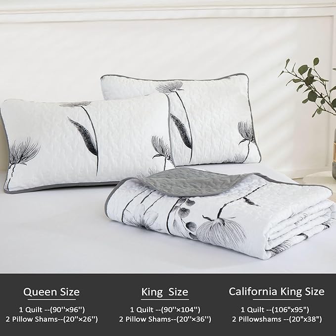 Dinjoy King Size Quilt Set Floral,3 Pieces Grey & White Quilts Coverlet Set Flower Bedspreads Bed Cover Lightweight Fall Quilt Gray Boho Farmhouse Bedding Sets for Bed (110"x90")