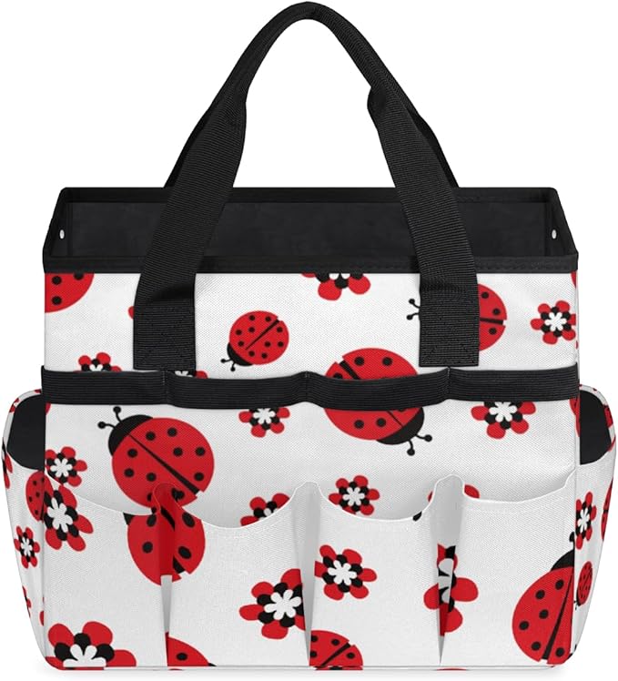 Ladybug Flower Garden Tool Tote Bag for Women Men Gardening Tool Storage Bags with 10 Pockets Standable Garden Home Tool Kits Organizer for Indoor Outdoor Gardening Gifts