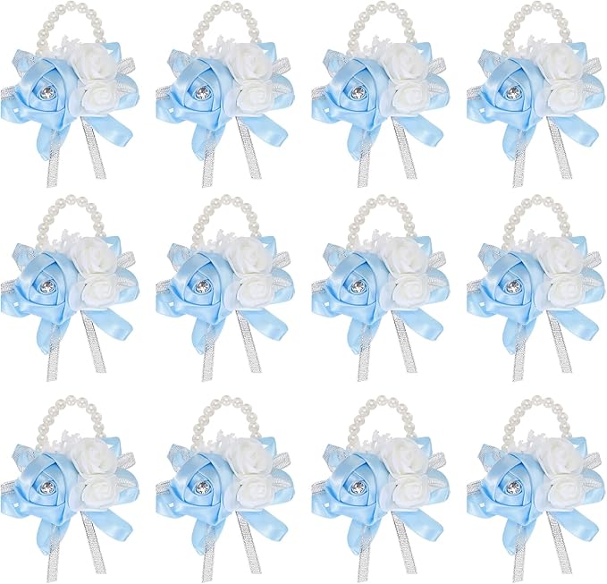 MECCANIXITY 12Pcs Wrist Corsage Artificial Flower Bracelets Rose Wrist Bride Groom Decorative for Wedding Ceremony Prom Party Anniversary Sky Blue