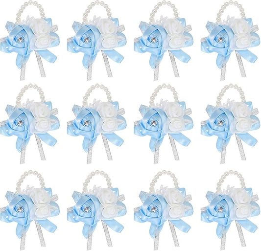 MECCANIXITY 12Pcs Wrist Corsage Artificial Flower Bracelets Rose Wrist Bride Groom Decorative for Wedding Ceremony Prom Party Anniversary Sky Blue