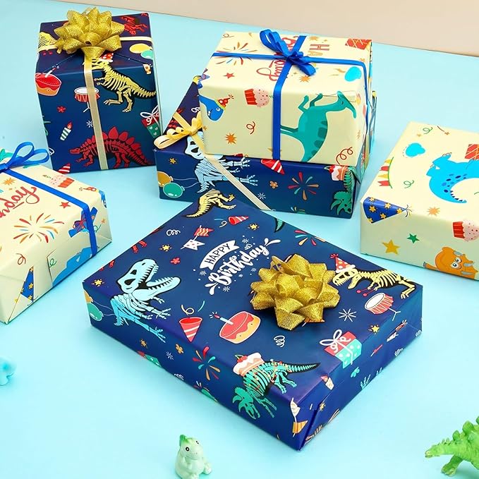 WERNNSAI Dinosaur Reversible Wrapping Paper Roll - 1 Roll 17”x 9.84 ft Happy Birthday Dinosaur Wrapping Paper for Boys Birthday Gift Packing Supply Baby Dino Decor Favor