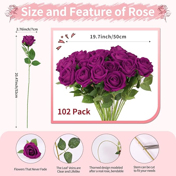 102 PCS Purple Roses Artificial Flowers, Fake Purple Roses, Purple Artificial Roses with Stems for Wedding Flowers Decoration, Valentines Roses, Wedding Decoration