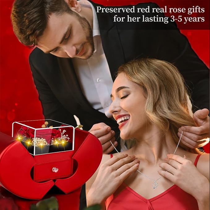 Gifts for Mom from Daughter and Son, Unique Mother Birthday Gift Idea, Preserved Red Real Roses with I Love You in 100 Languages Mom Necklace, Cool Present to Mother Mama -Red