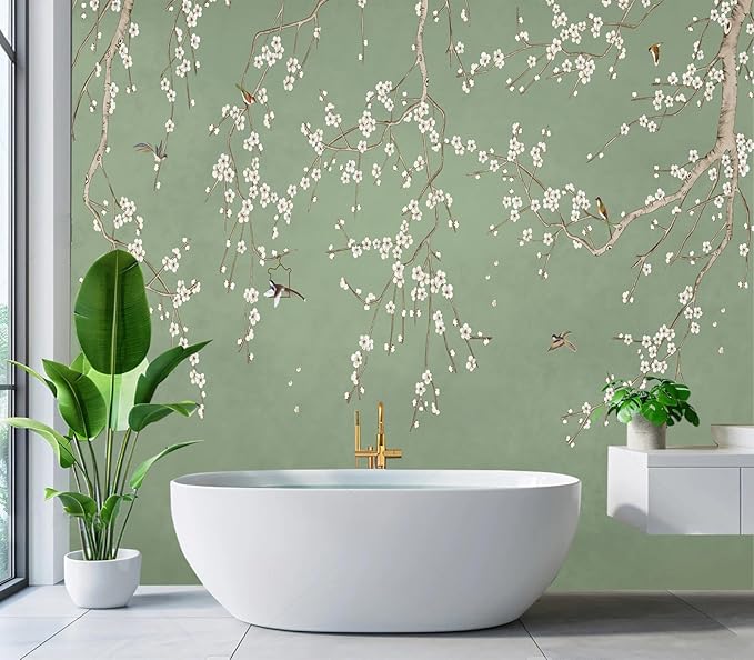Cliouar-Decor Beautiful Wallpaper Birds and Flower Green Background Peel and Stick 160" x 114"