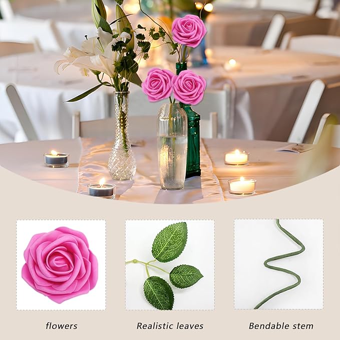 200Pcs Hot Pink Artificial Flowers Roses Real Looking Foam Fake Roses with Leaves and for DIY Wedding Bouquets Bridal Shower Centerpieces Party Decorations (Hot Pink, 200)