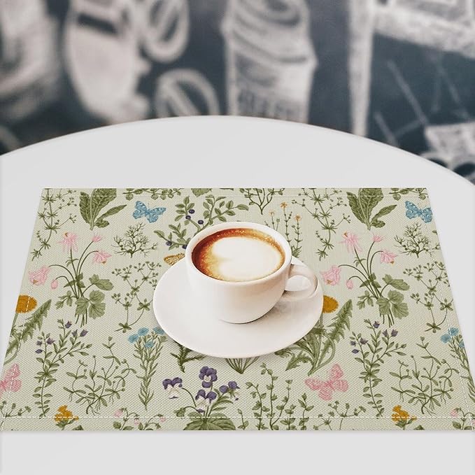 Botanical Placemats Set of 8, 17x12 Inch Butterfly Green Leaf Colorful Wildflower Vintage Rustic Style Table Mats for Home Party Kitchen Dining Decor