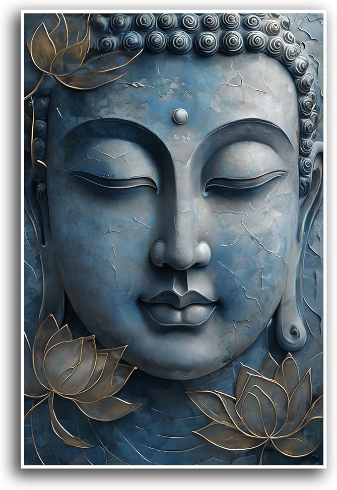 Canvas wall art Golden lotus crown Serene Buddha poster Ethereal blue toned art with delicate floral decor Zen wall art for a tranquil meditation space 8x12in Frameless
