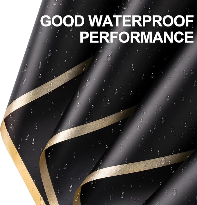 WRAPAHOLIC 20 Sheets Flower Wrapping Paper - 22.4 x 22.4 inch Gold Trim Black Water-Resistant Floral Bouquet Wrapping Paper, Florist Supplies Packaging Paper for Wedding Birthday Gift DIY