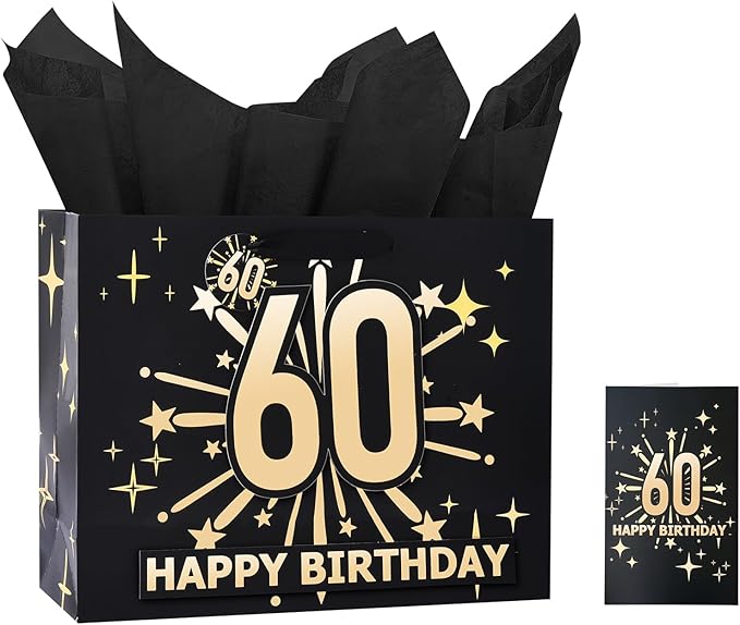 Bloomwords 60th Birthday Gift Bag Set with Card & Tissue – 13" Elegant Keepsake Party Bags for Unisex Anniversaries, Gift Wrapping & Celebrations