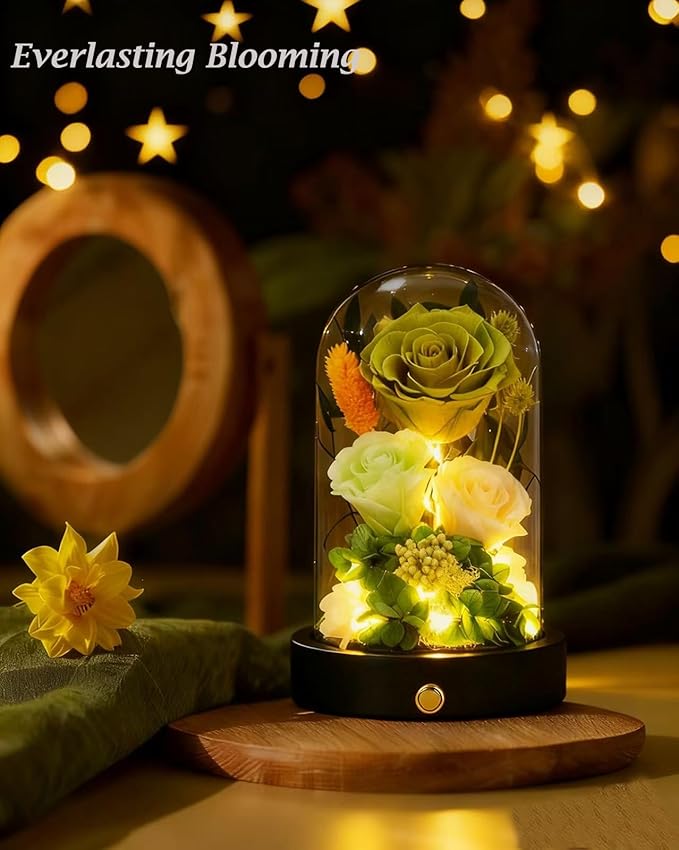 Preserved Flowers in Glass Dome with LED Light, Forever Flowers for Delivery, Eternal Roses Gifts for Women Mom Girlfriend Wife . Valentines Day Mothers Day Anniversary Birthday Gifts For Her(Green)