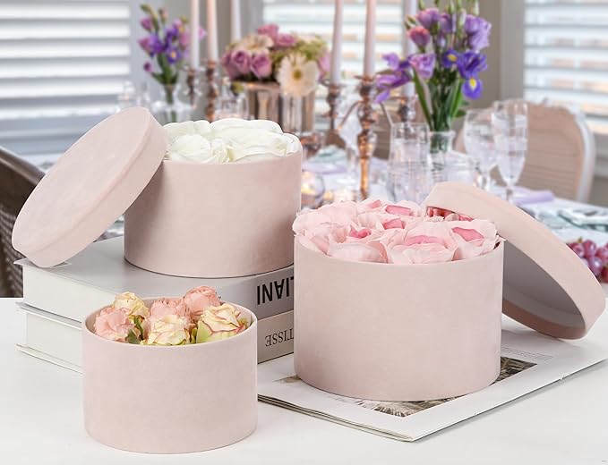 Round Gift Boxes with Lids for Presents Set of 4 Light Pink Velvet Nesting Gifts Box for Arrangements Flowers Wedding Birthday Valentines Bridesmaid Christmas Party Anniversary