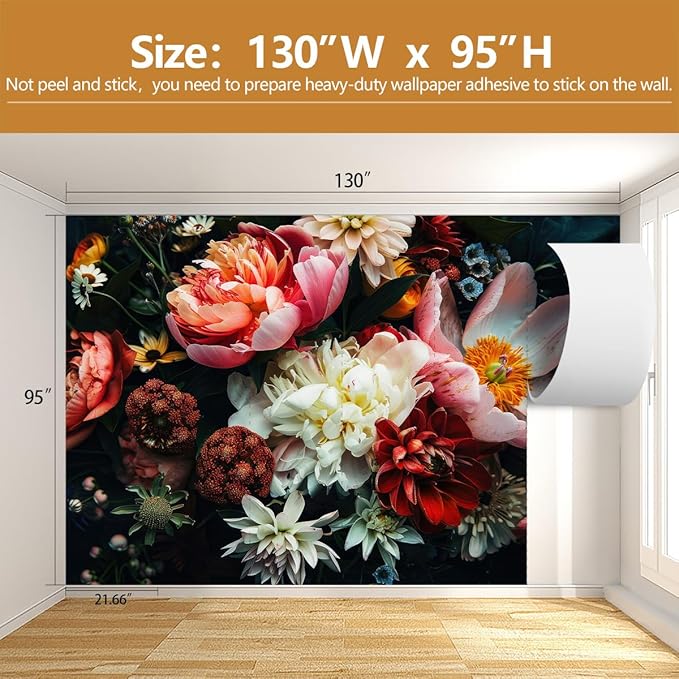 Large Floral Wallpaper Dark Peony Flowers Wall Mural for Living Room Bedroom（Not Peel and Stick）