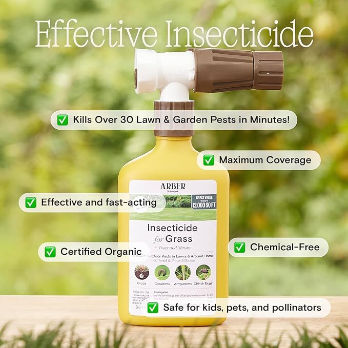 Organic Insecticide for Lawns, Trees & Shrubs – 16oz Ready-to-Spray Hose-End – Kills Grubs, Armyworms, Chinch Bugs & Beetles – Gentle on Grass, Bee-Safe, Kid & Pet Friendly – Outdoor Yard Pest Control