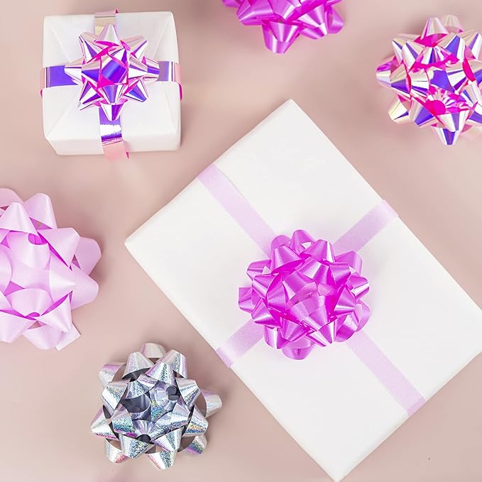WRAPAHOLIC 16 Pcs Gift Bows Assortment - 14 Multi Colored Assorted Size Gift Bows (Pink, Fushcia, Silver) and 2 Crimped Curling Ribbons, Perfect for Christmas, Holiday, Party