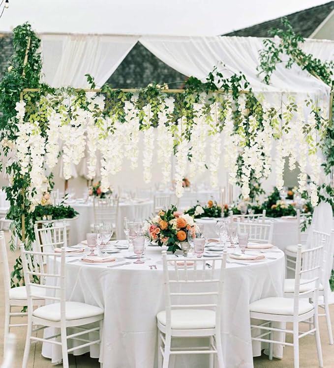12Pack Wisteria Hanging Artificial Flowers 3.6ft Wisteria Silk Flowers Garland Fake Bushy Vine Faux Ratta String for Wedding Arch Party Garden Greenery Home Wall Backdrop Decor (Milk White)