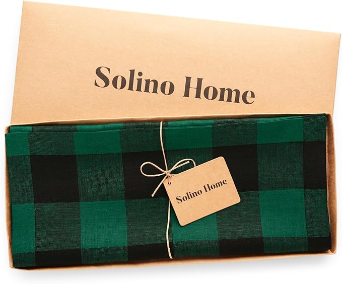 Solino Home Linen Checkered Table Runner 132 Inches Long - 100% Pure Linen Green and Black Buffalo Check Extra Long Table Runner 14 x 132 Inch Ideal for Dining, Winter