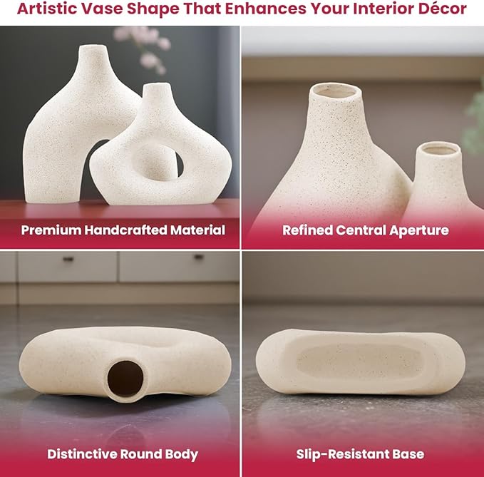 Donut Vase Set of 2, Cream Ceramic Vase for Home Decor, Minimalist Boho Vases for Pampas Grass, Modern Nordic Centerpieces for Living Room, Console Table, and Spring Decor