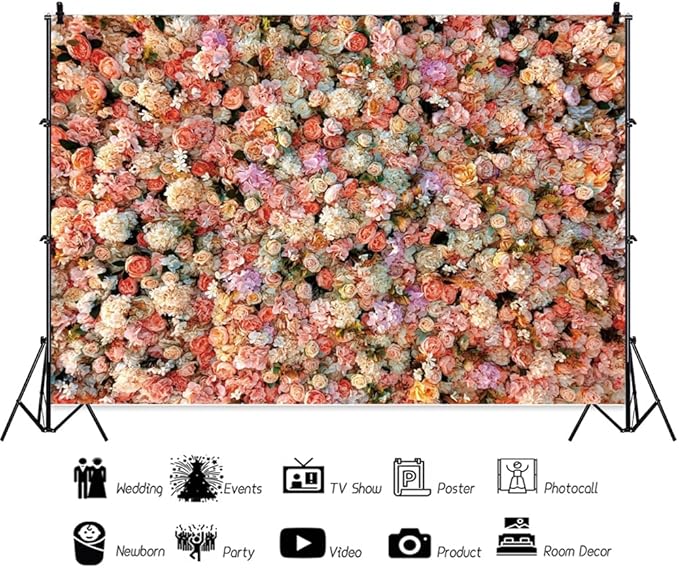 Leowefowa Floral Wall Photography Backdrop 12x8ft Colorful Rose Flower Romantic Wedding Background for Lover Spring Pink White Rose Petal Engagement Party Banner Decor Photo Supplies Prop
