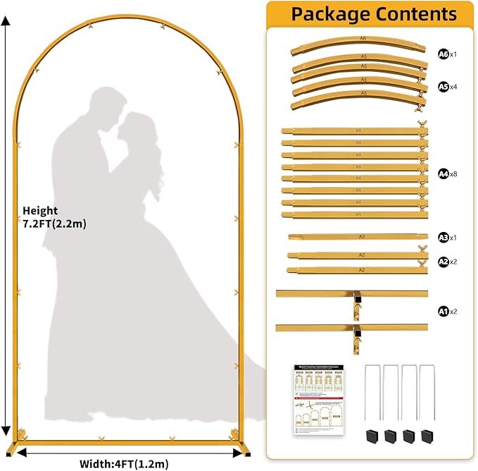7.2 FT Wedding Arch Backdrop Stand, Gold Metal Arch Backdrop Stand for Wedding Party Ceremony Birthday Bridal Baby Shower Photo Booth Garden Floral Balloon Arches Decoration