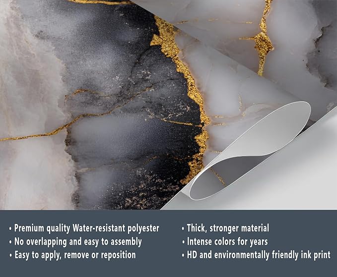 Golden Veins Marble Wall Mural, Black and White Marble 3D Wall Murals, Luxury Stone Wallpaper Mural, for Living Room Bedroom Large Wallpaper Indoor Decor 157.5" W x110.3 H