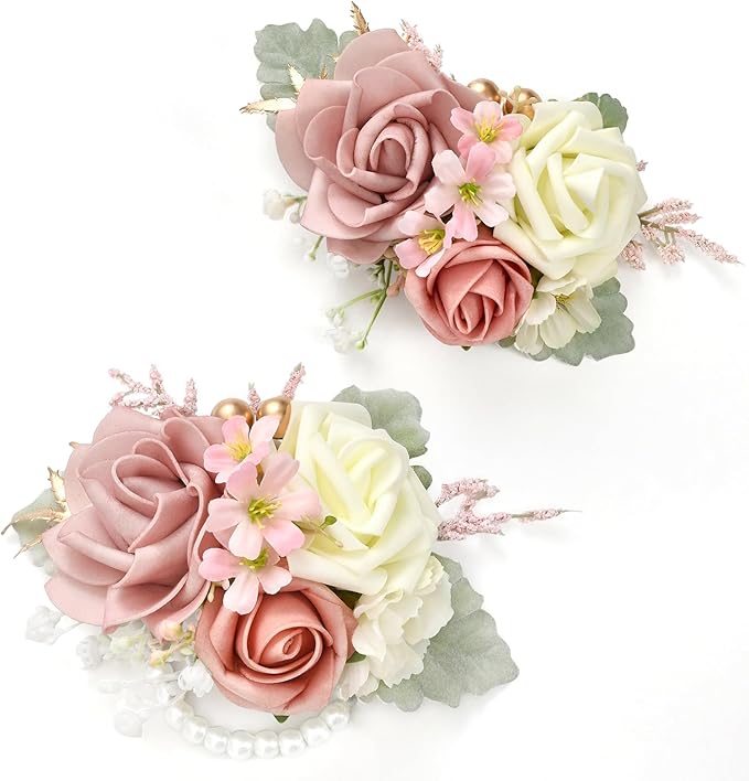 Serwalin Pink Corsage and Boutonniere Set 2 PCS, 6-7 Inch Boutonniere and Wrist Corsage Wristband Prom Flower Wedding Flowers Accessories Prom Suit Decorations Cake Topper