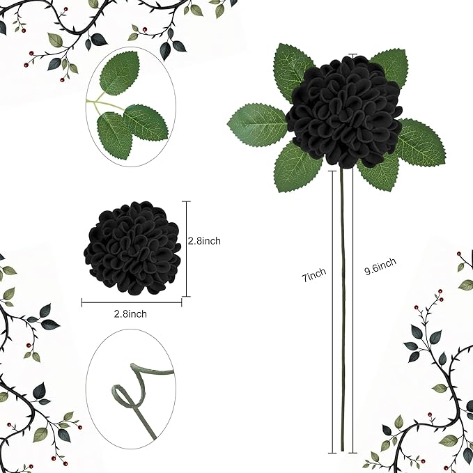 Artificial Flowers, 25pcs Realistic Artificial Rose for DIY Wedding Bouquets Centerpieces Arrangements, Black Dahlia Flowers with Stem for Bridal Shower Party Home Decorations