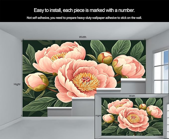 Peony Flower Wall Mural, Retro Pink Peony Flower 3D Wall Murals, Romantic Garden Theme Wallpaper Mural, for Living Room Bedroom Large Wallpaper Indoor Decor 157.5" W x110.3 H