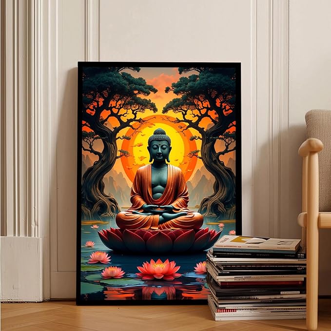 Canvas wall art Golden Buddha on lotus at sunset Ancient trees with reflections on water Serene meditation scene Uplifting wall art for mindfulness and tranquil home decor 8x12in Metal blackFramed