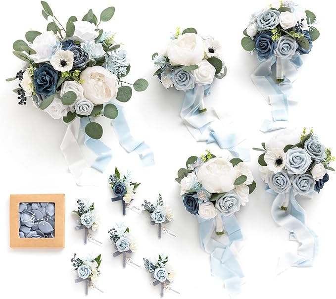 Ling's moment Wedding Artificial Flowers Package, Bridal Bouquet, Bridesmaid Bouquets, Boutonniere for Men, Rose Petals.Blue