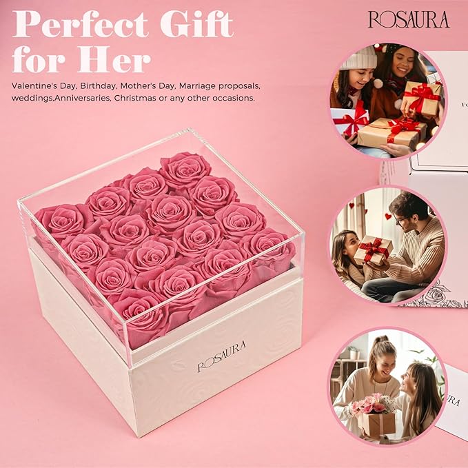 Rosaura Square Preserved Roses Gift Box - Real Forever Flowers in Clear Acrylic Lid, Valentine's for Women (Pink, 16 Roses)