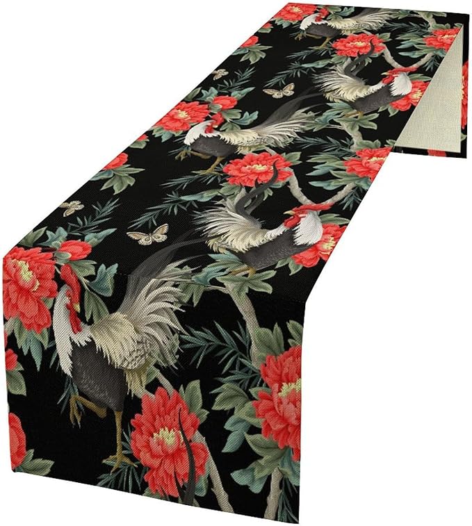 Rooster Floral Table Runner Vintage Farm Chicken Peonies Flower Dinner Runner for Country Farmhouse Home Kitchen Dinner Table Holiday Party Decoration 13x36in