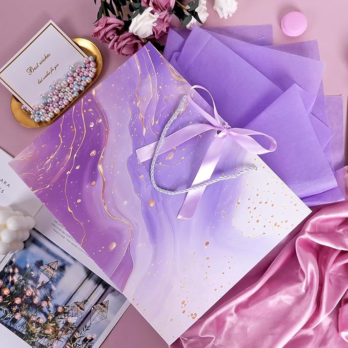 Purple Gift Bags, 2PCS 13” Large Gift Bags with Tissue Paper and Greeting Cards, Gift Bag with Handles Bow for Women Girls, Purple Gift Bags for Birthday Wedding Bridal Baby Shower Anniversaries