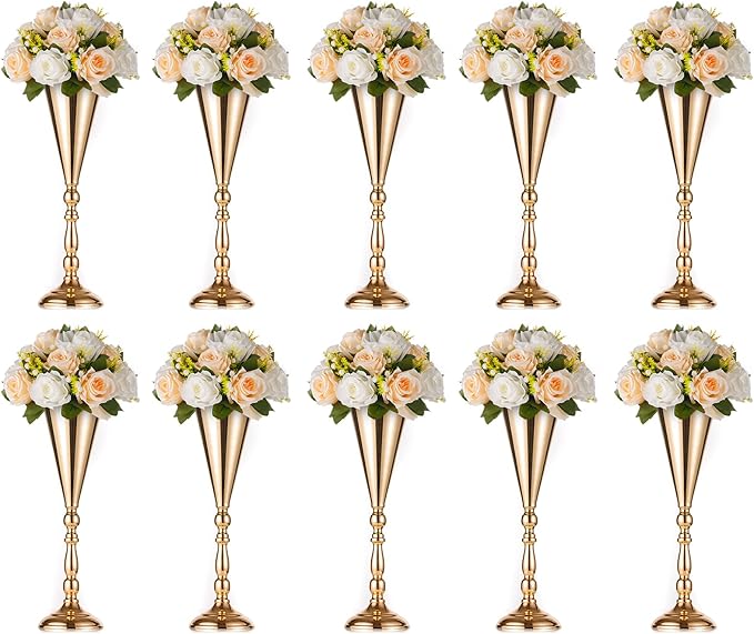 10 Pcs Tabletop Gold Metal Wedding Flower Trumpet Vase, 16.5 inch Table Decorative Centerpiece Artificial Flower Arrangements for Anniversary Ceremony Party Birthday Event Home Decoration (Gold)