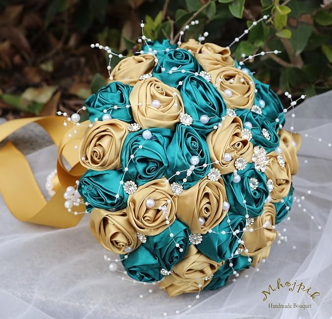 Bridal Wedding Bouquet Round Bling Brooch Bouquet Throw Toss Artificial Rose Flower Bunch for Bride Bridesmaid Wedding Quinceanera(Dark Green & Gold, 7.5")