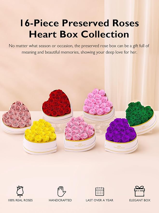 Eterfield 16 Forever Flowers in Heart Shape Box, Preserved Roses That Last a Year Preserved Flowers Birthday Gifts for Her Mom Women Wife Anniversary Valentines Day Mothers Day Christmas, Purple
