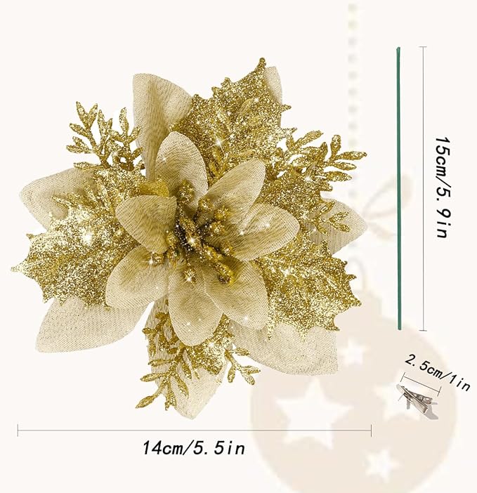 12 PCS Poinsettia Flower Artificial Gold Christmas Flowers Artificial 5.5'' Glitter Poinsettias Artificial Christmas Tree Flower with Clips DIY Xmas Wreath Holiday New Year Home Party Decor