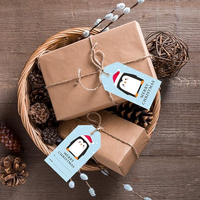 Andaz Press Christmas Holiday Season Classic Gift Tags, Merry Christmas to from Classic Favor Tags, Penguin with Santa Hat Design, for Holiday Events, Parties, and Favors, 60-Pack