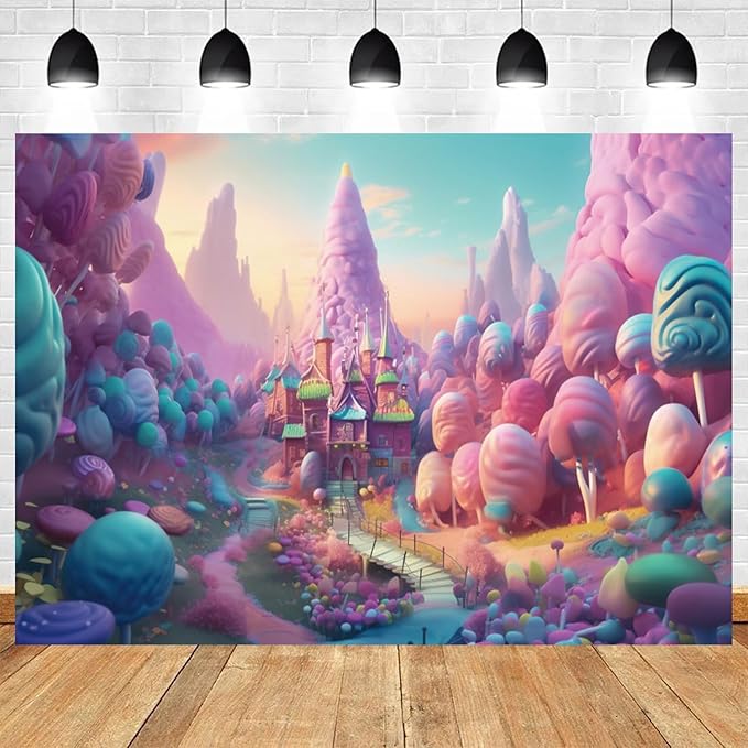 6x4ft Candyland Backdrop Fantasy Candy Castle Photography Background Sweet Lollipop Dream Blue Sky Cartoon Kids Birthday Banner Decorations Baby Shower Newborn Portrait Photo Booth Prop