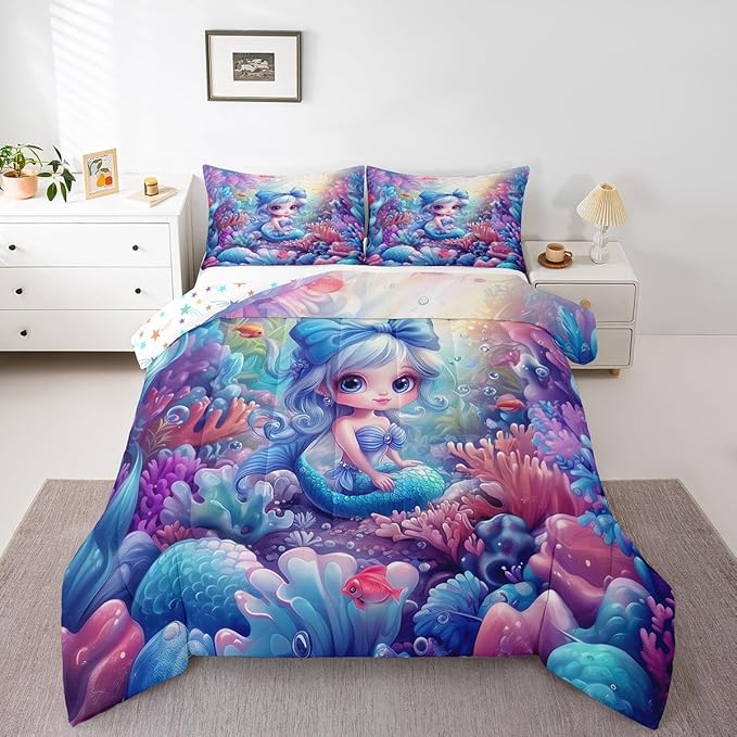 Cute Mermaid Comforter Set Queen Size,Beautiful Mermaid Fairy Tale Reversible Bedding Set for Women Adult,Watercolor Coral Cartoon Undersea World Luxury Bed Duvet Insert, 2 Pillowcases