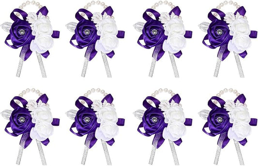 MECCANIXITY 8Pcs Wrist Corsage Artificial Flower Bracelets Rose Wrist Bride Groom Decorative for Wedding Ceremony Prom Party Anniversary Purple