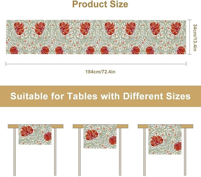 William Morris Table Runner, Retro Red Flowers Green Botanical Country Farmhouse Tabletop Decoration for Kitchen Dining Home Party 13x70 Inch