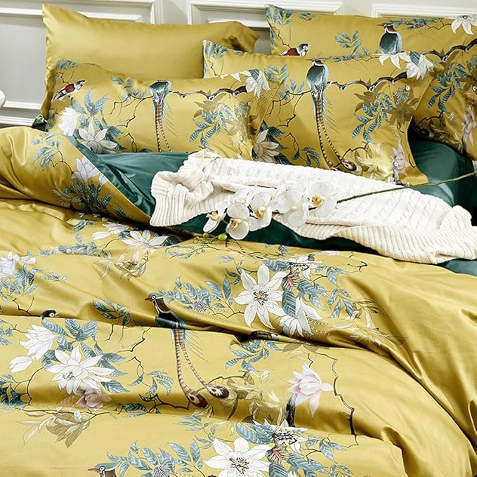 mixinni Bird Duvet Cover Twin XL Garden Floral Duvet Cover Cotton Flowers on Yellow Bedding Set Girls Bedding Comforter Cover for Teen Girls 1 Duvet Cover with 2 Pillowcases-Twin XL Size